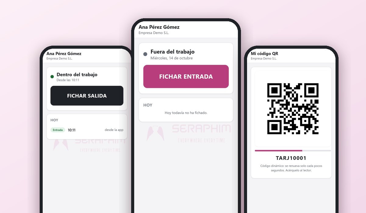 Capturas de la app SERAPHIM: fichar entrada y salida y código QR